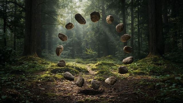 Levitating stone ring hovering above mossy forest floor with sunbeams and mist