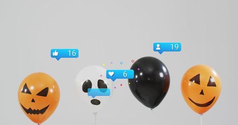 Halloween balloons floating with social media notifications minimalist party concept