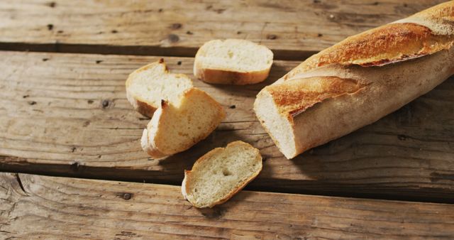 This image shows a crusty, freshly baked baguette, partially sliced into thin pieces and placed on a wooden table. The rustic setting emphasizes the traditional, homemade nature of the bread. Ideal for use in culinary blogs, ads for bakeries, cookbooks, or websites promoting artisanal foods.