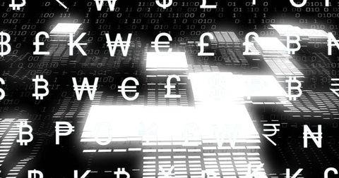 Floating Currency Symbols Over Digital Data Grid with Glowing Binary Panels Cryptocurrency
