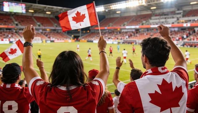 Canadian soccer fans cheering under stadium lights waving maple leaf flags