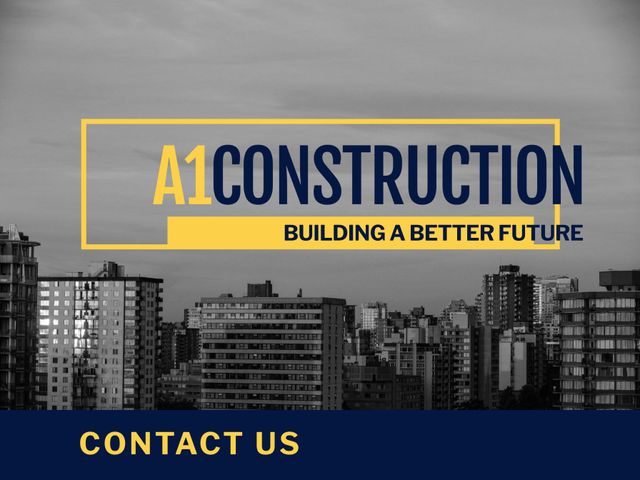 Urban skyline with A1Construction text overlay evoking reliability and progress. Suitable for construction companies, real estate ads, commercial architectural projects, and building service promotions.