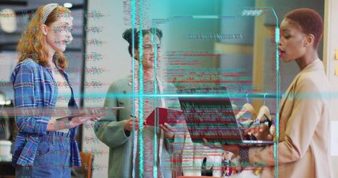 Fashion Team Discussing Apparel Designs with Futuristic Digital Overlay