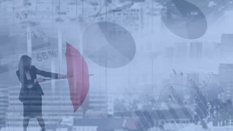 Businesswoman with Red Umbrella amidst Financial Data Visualization