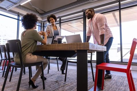 Team Collaborating on Project Plans in Modern Office Environment
