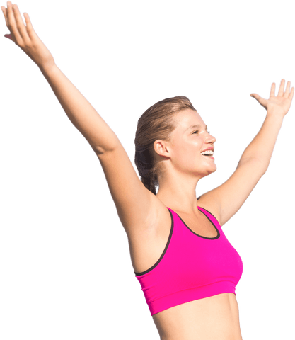 Joyful Fit Sporty Caucasian Woman Raising Hands Transparent
