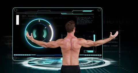 Muscular Man Engaging with Futuristic Digital Interface