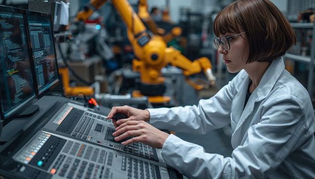Female engineer operating robotic control console in industrial automation lab