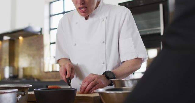 Professional chef chopping vegetables on a cutting board in a modern kitchen while in mid-action. This captures the culinary skills and precision during food preparation, ideal for illustrating cooking classes, culinary schools, restaurant kitchen scenes, or food-related articles.