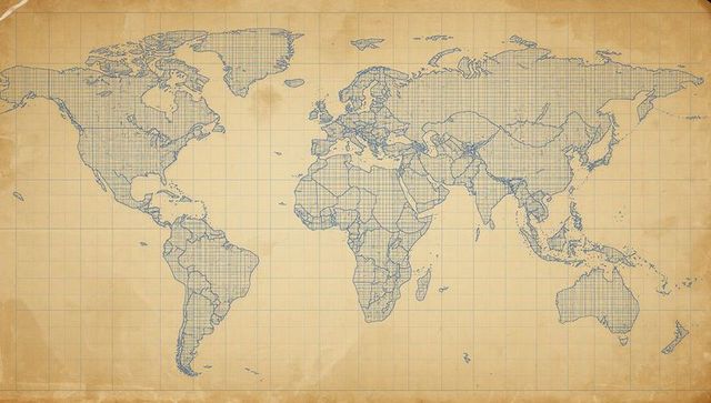Vintage blue grid world map on parchment showing continent details