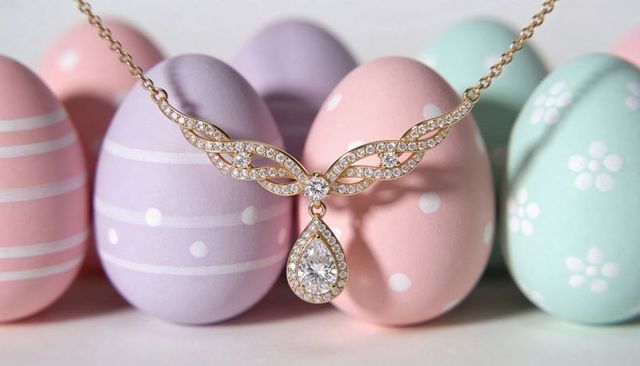 Gold teardrop diamond necklace nesting among pastel easter eggs for spring jewelry