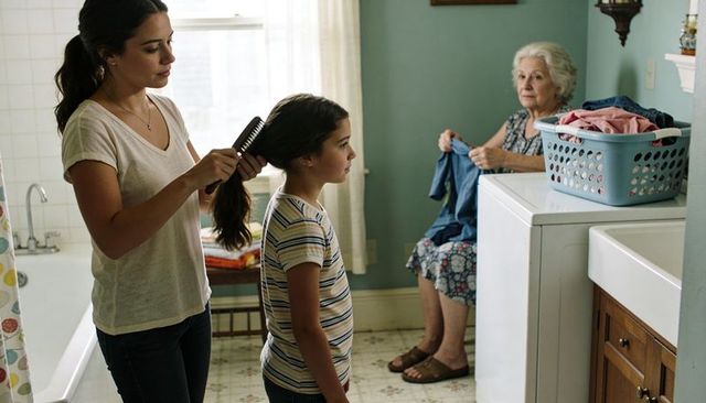 Multigenerational morning: mother brushing daughter hair while grandmother folding laundry