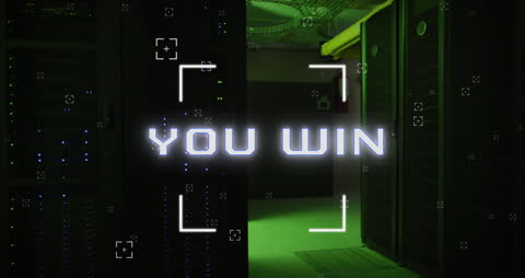 You Win Text Overlay on Server Room Background