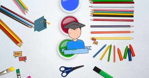 Creative School Supplies with Graduation Cap Illustration Background