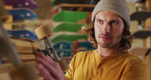 The image features a young man with long hair and a knit hat, carefully selecting a skateboard from a shop. He is wearing casual clothes and appears focused on examining the skateboard's details. This type of image can be used for advertisements, sporting goods promotions, hobbyist articles, or lifestyle blogs related to skateboarding and outdoor activities.