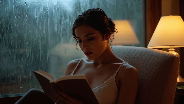Reading by rain: woman in camisole reading paperback on armchair with warm lamp glow