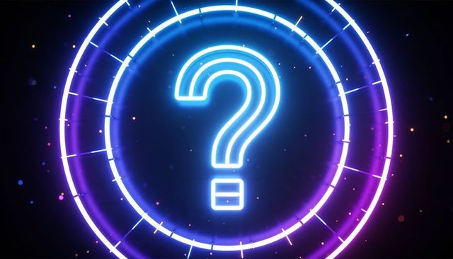 Neon question mark with futuristic concentric rings, turquoise magenta tech glow, hud faq