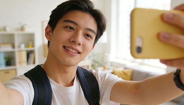 Teen taking selfie at home wearing backpack and white tee, casual candid smile