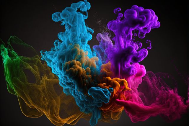 Abstract art depicting multicolored ink clouds swirling in dark liquid. Image is suitable for use in creative projects, design inspiration, advertising, and background art for digital platforms.