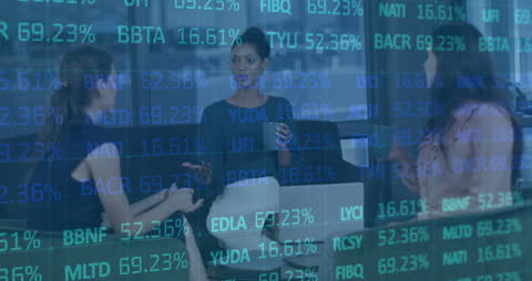 Business Team Discussing Financial Strategies with Data Overlay