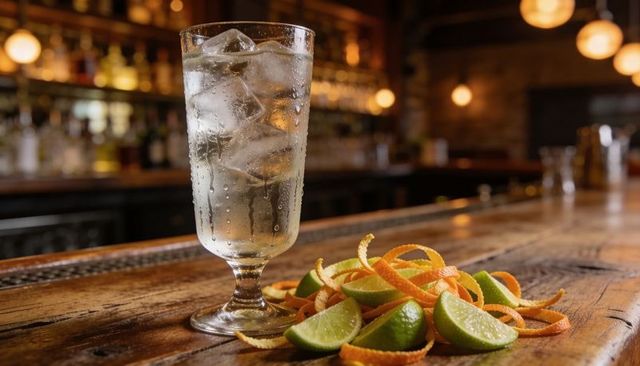 Iced highball glass sitting on rustic wooden bar with lime wedges and orange twists