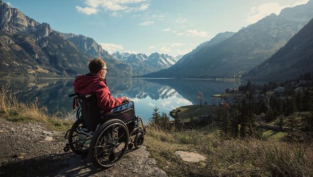 Man in wheelchair gazing at reflective alpine lake and mountain peaks, outdoor accessibility