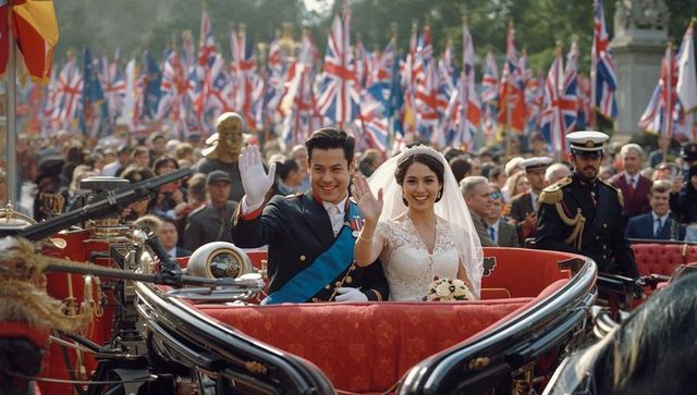Newlywed couple in festive parade wave from carriage