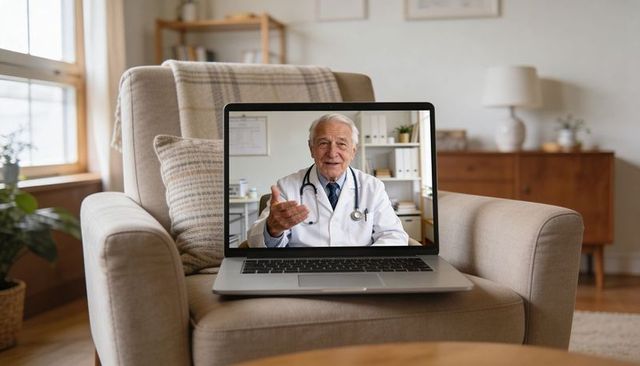 Senior physician consulting via laptop in cozy living room for telehealth appointment