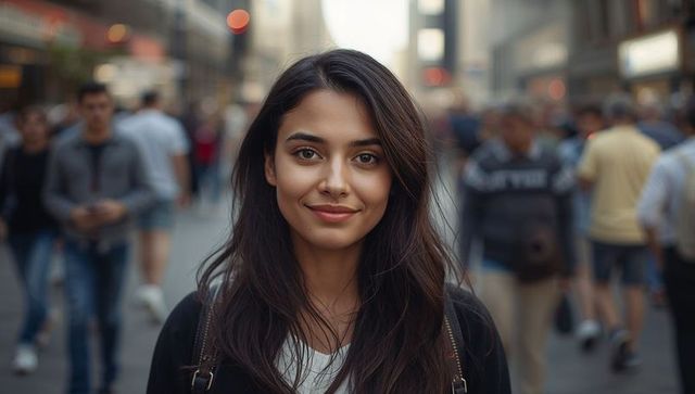 Confident young woman smiling on busy city street wearing backpack and dark jacket