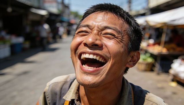 Joyful asian market vendor laughing with wide smile, sweating under sunlight