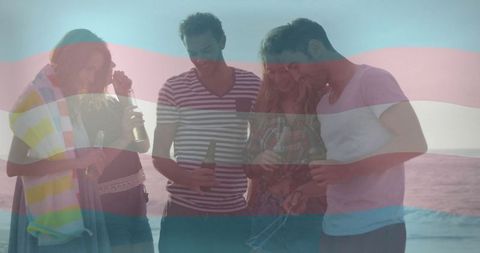 Friends Grilling on Beach During Sunset Covered with Overlay Flag