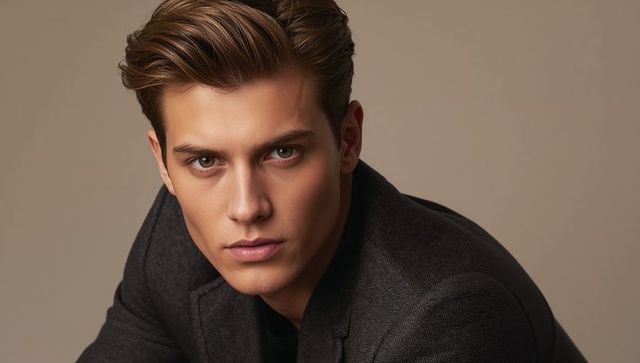 Intense male model posing in charcoal blazer and black top, minimalist corporate headshot