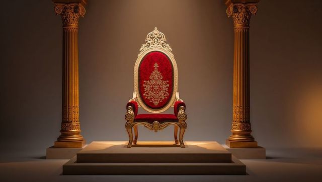Opulent throne in luxurious decorative chamber with corinthian columns