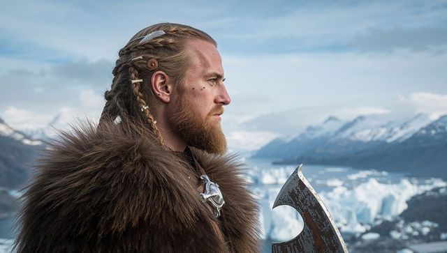 Viking warrior overlooking majestic frozen fjord