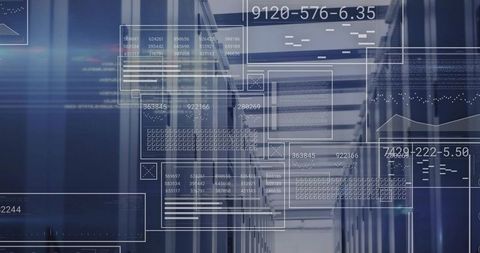 Glowing Server Racks Lining Data Center Corridor with HUD Overlays Displaying Analytics