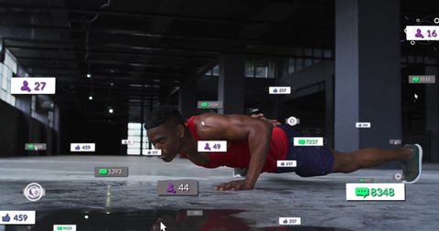 Athletic Man Exercising with Digital Social Media Overlays