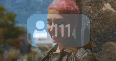 Young Adult Woman Engaging with Social Media Icons Outdoors