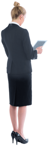 Blonde Businesswoman Engaging with Transparent Tablet Technology