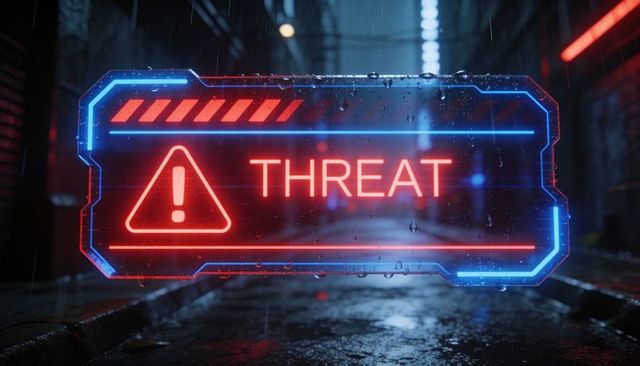 Holographic threat warning panel floating over rainy alley displaying neon cyberpunk alert