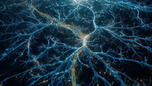 Luminous neural network concept with branching blue filaments and golden synaptic sparks
