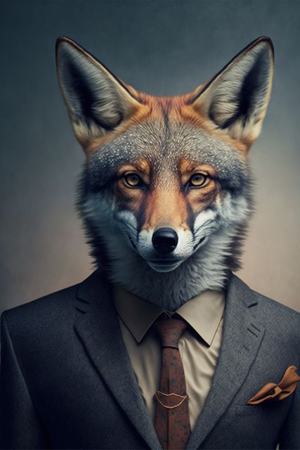 Surreal depiction of a fox wearing a sophisticated business suit, characterized by human-like features. Ideal for creative projects, fantasy book covers, or surreal art displays. Great for use in advertisements for unique, imaginative campaigns or concept art for films and games.