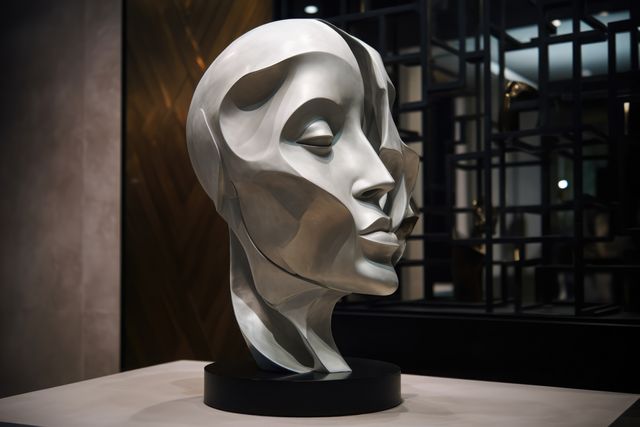 Close up of stone face sculpture in modern interiors, created using generative ai technology. Art and modern abstract face sculpture design concept digitally generated image.