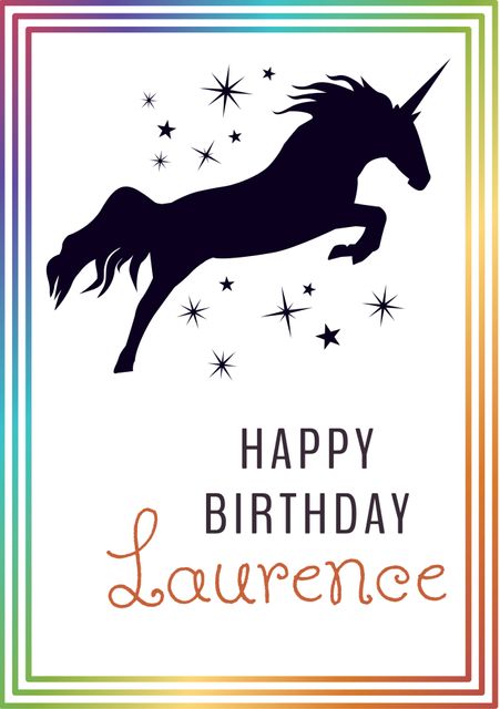 This vibrant birthday card features a majestic black unicorn surrounded by stars, offering a whimsical and enchanting feel. The colorful border adds a festive touch, making this design ideal for various birthday celebrations, party invitations, or fantasy-themed events. Perfect for personalizing any celebratory occasion.