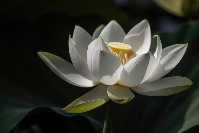 Close-up of a white lotus flower in full bloom highlighting its serene beauty against a dark background. Ideal for nature-themed designs, floral displays, meditation backdrops, and promotional materials emphasizing elegance and tranquility.