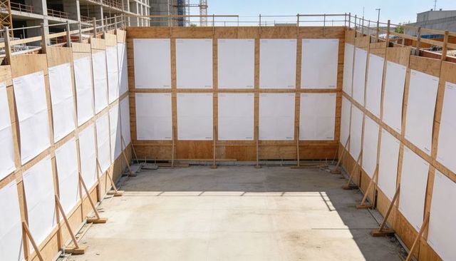 Construction pit with plywood formwork panels and concrete slab casting guardrail shadows