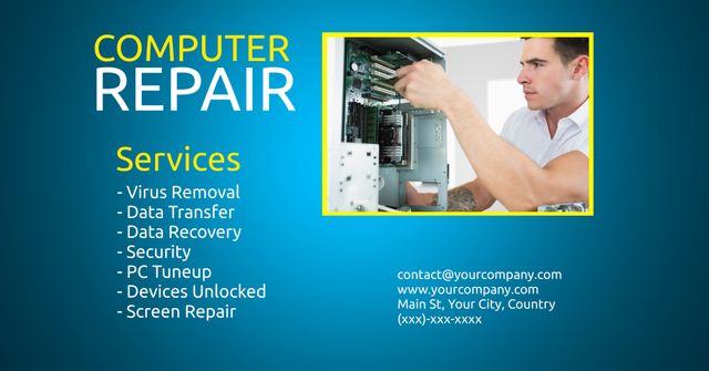 Promote tech support services, a technician fixing a computer highlights expertise in computer repair. Ideal for IT service ads, the template can also suit educational tech courses.