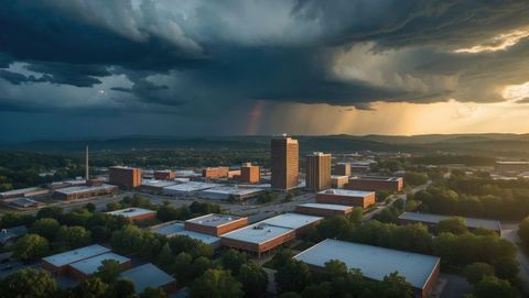 Brick campus amid rural hills with storm and rainbow, knoxville concept