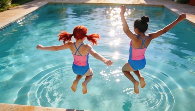Two girls jumping and splashing in sunlit backyard pool wearing matching swimsuits