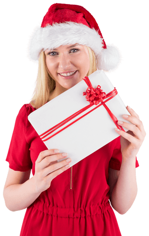 Transparent Background Smiling Woman in Santa Hat Holding Gift