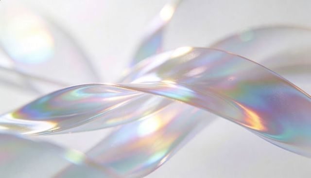 Twisted iridescent ribbons flowing with opalescent pastel highlights and glassy sheen